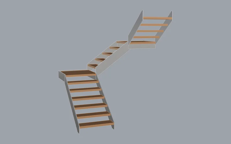 U-shaped switchback stair with wood treads and steel stringers (viewport capture, 1 of 3)