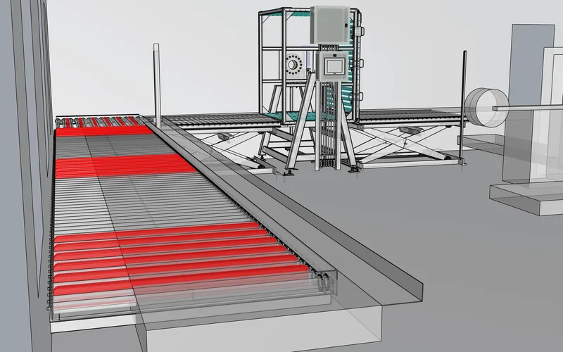 Box flipper frame with control enclosure and HMI, scissor-lift conveyors and roller conveyor (viewport capture)