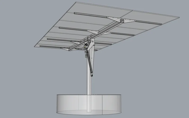 Dual-axis solar tracker: array frame, slew drive and actuator from below (viewport capture)