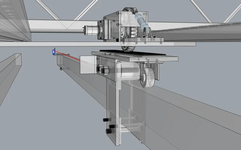 Gantry positioning system: drive carriage, gear and rail, with laser line (placeholder viewport capture)