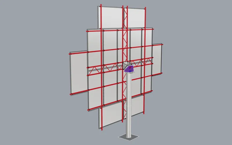 Hemispherical solar tracker: front view of the panel array on its mast (viewport capture, 1 of 3)