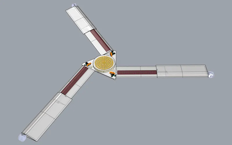 Rotating-wing UAV from above: three solar-skinned wings around a central hub (viewport capture, 1 of 2)