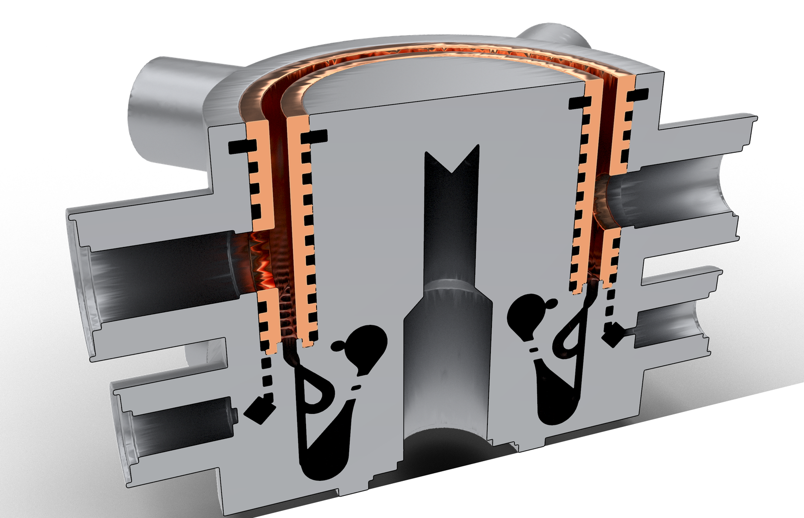RDE-2 section view: cutaway render of an annular combustor with a copper liner