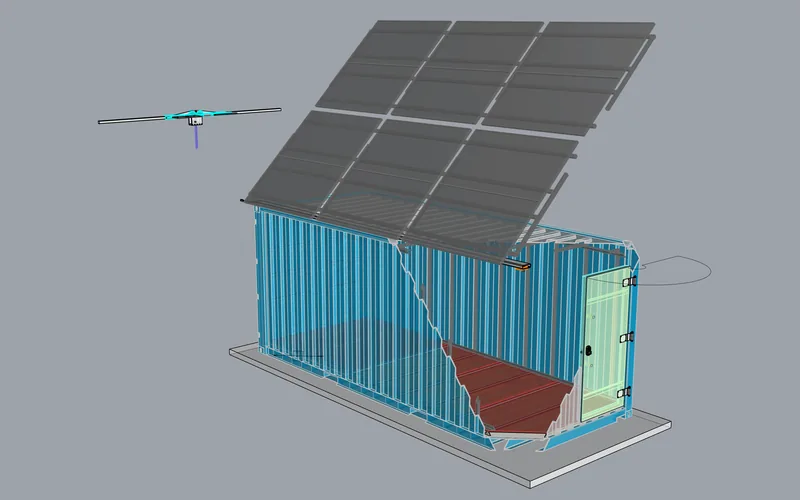 Off-grid security container: tilted solar array, cutaway container and Starlink antenna (viewport capture)