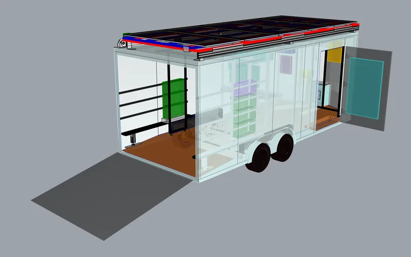 Solar command trailer: rear three-quarter view with the ramp down (viewport capture, 1 of 5)