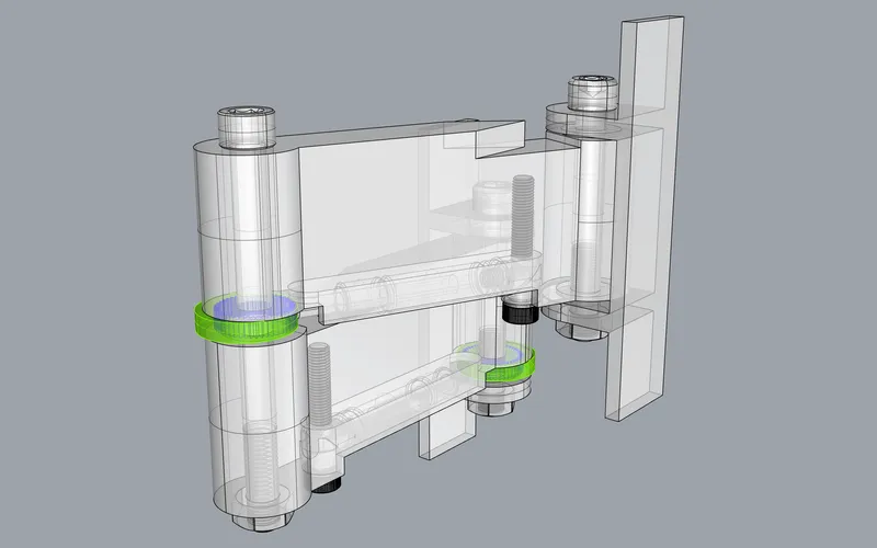 Gas-spring steady arm: articulated arm with pivot posts and mounting plates (viewport capture, 1 of 4)