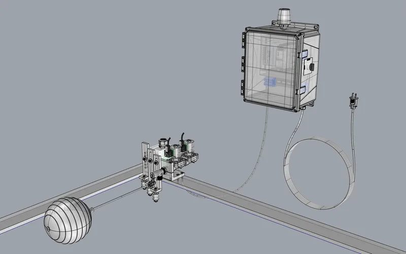 Tank autofill station: float ball, solenoid valve manifold and control enclosure (placeholder viewport capture)